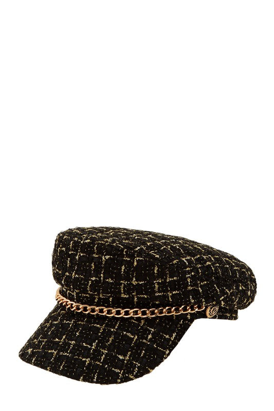 Tweed Metal Chain Beret Hat