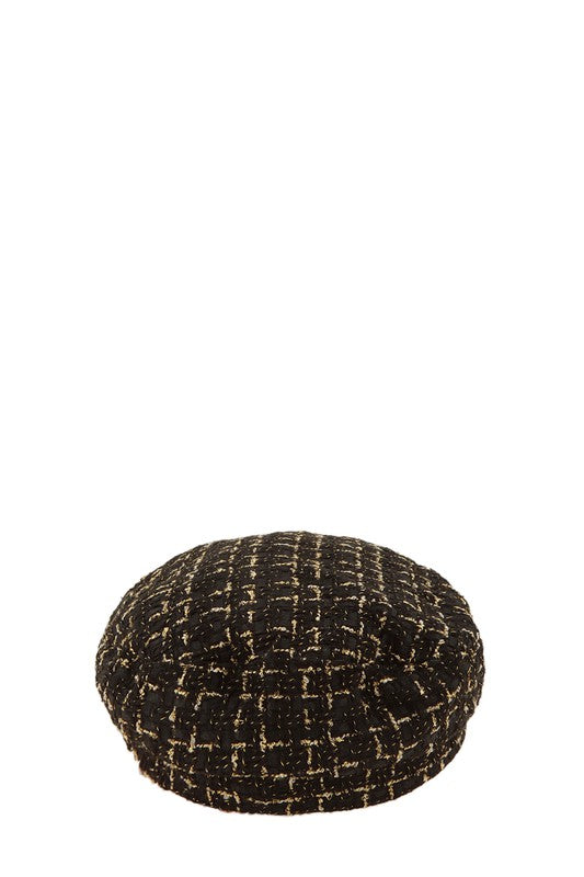 Tweed Metal Chain Beret Hat