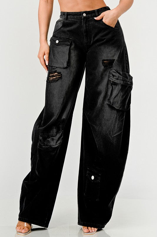 Black Denim  Washed out Cargo Pants Loose Fit