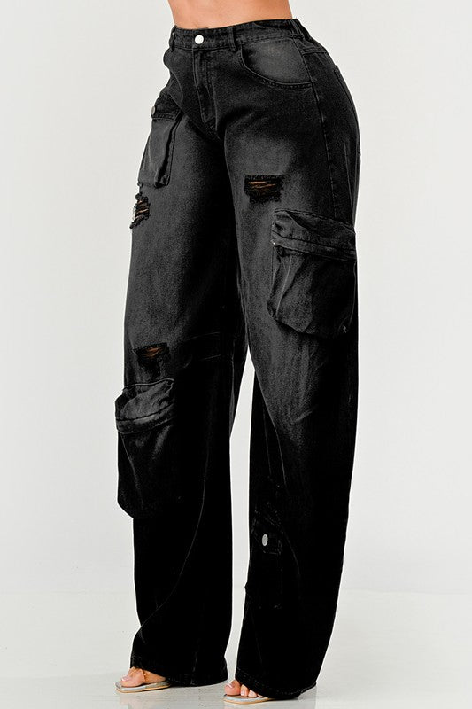 Black Denim  Washed out Cargo Pants Loose Fit