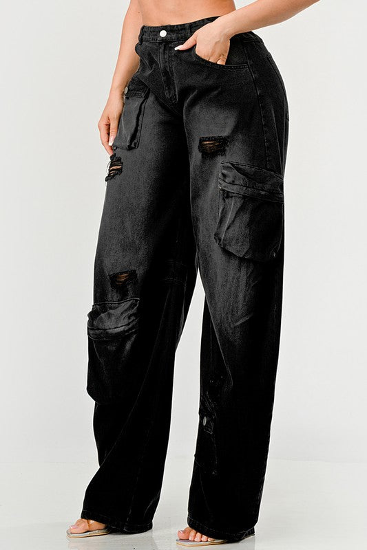 Black Denim  Washed out Cargo Pants Loose Fit