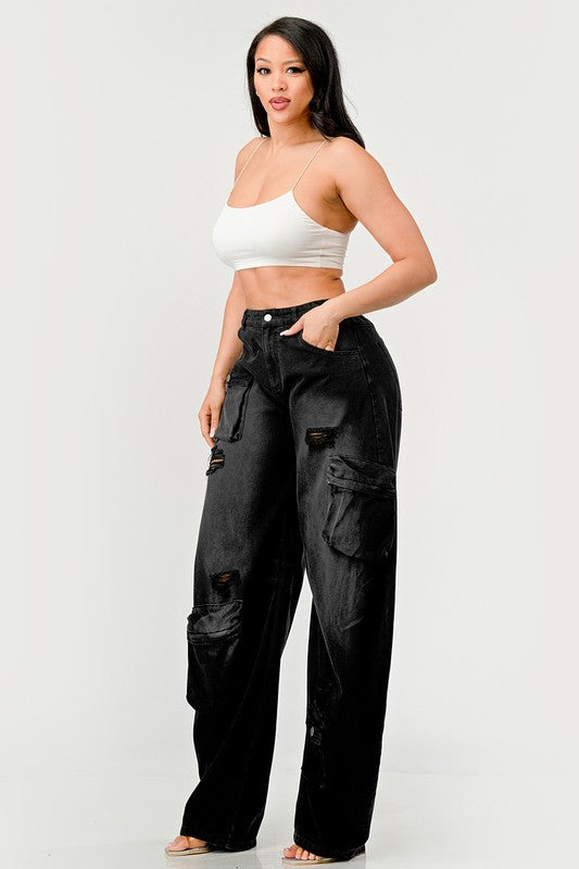 Black Denim  Washed out Cargo Pants Loose Fit