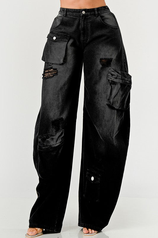 Black Denim  Washed out Cargo Pants Loose Fit