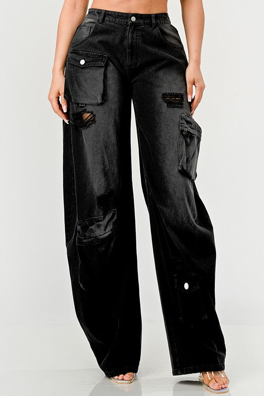 Black Denim  Washed out Cargo Pants Loose Fit