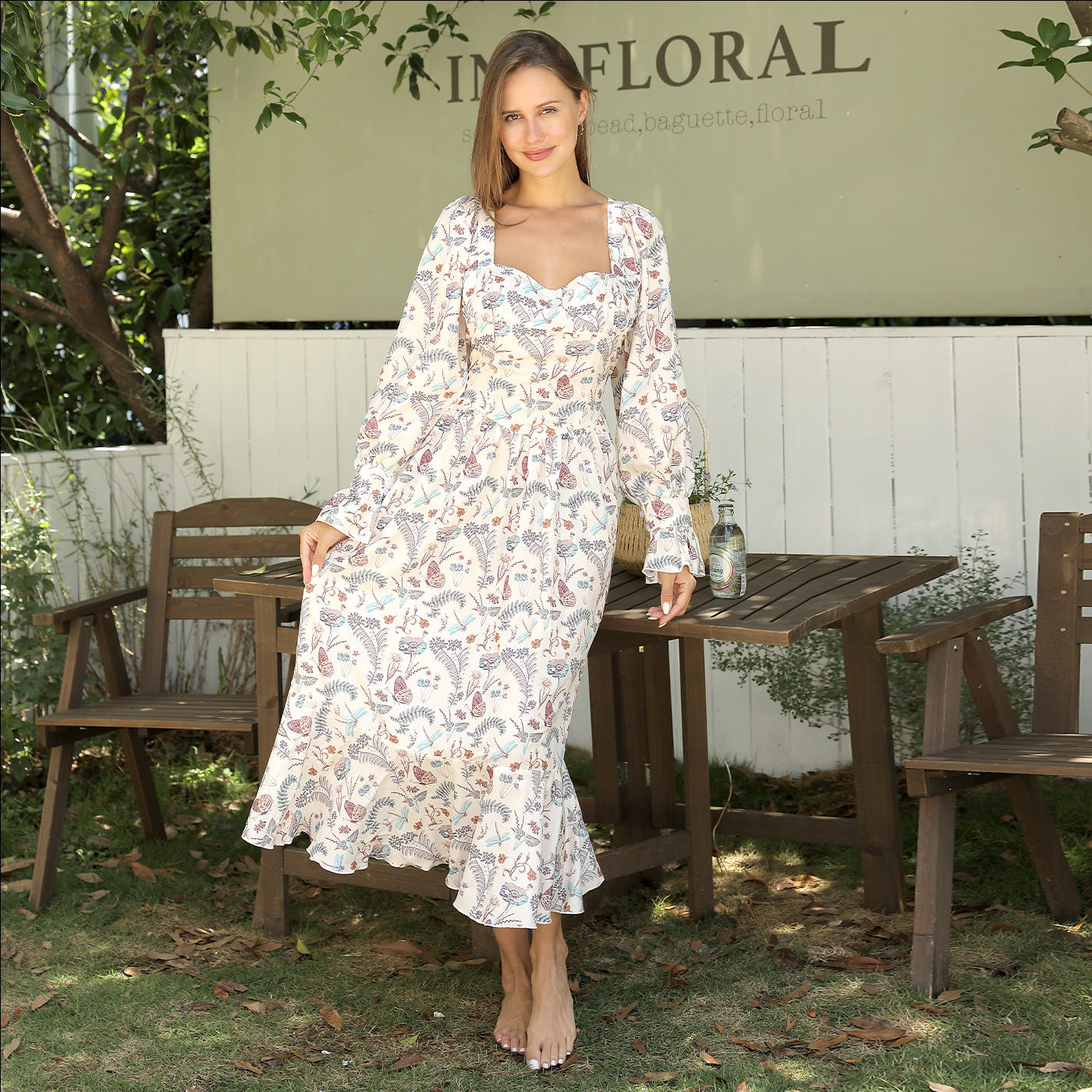 Square Neck Long Sleeve Printed Dress